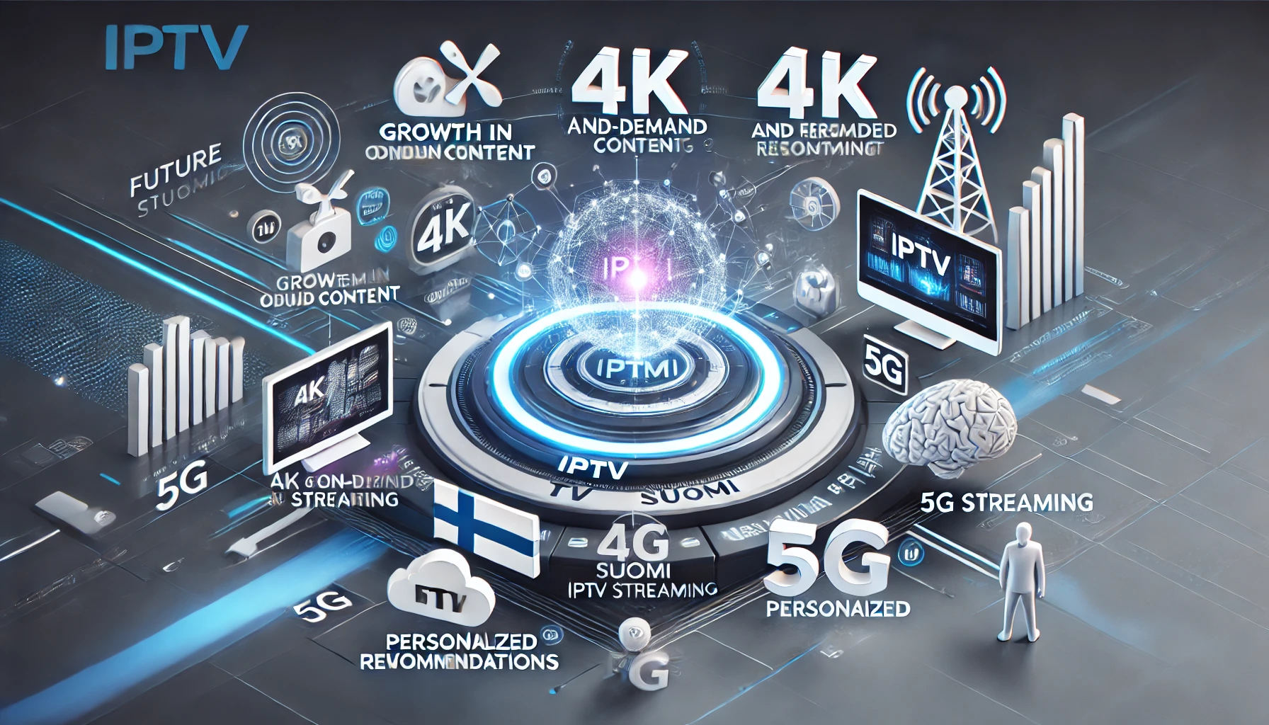 Futuristic infographic showing trends and predictions for IPTV Suomi