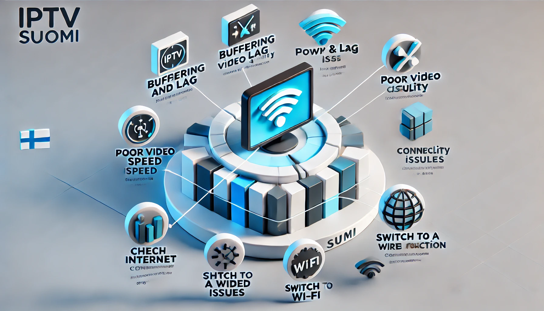 3D infographic of common IPTV Suomi issues and solutions