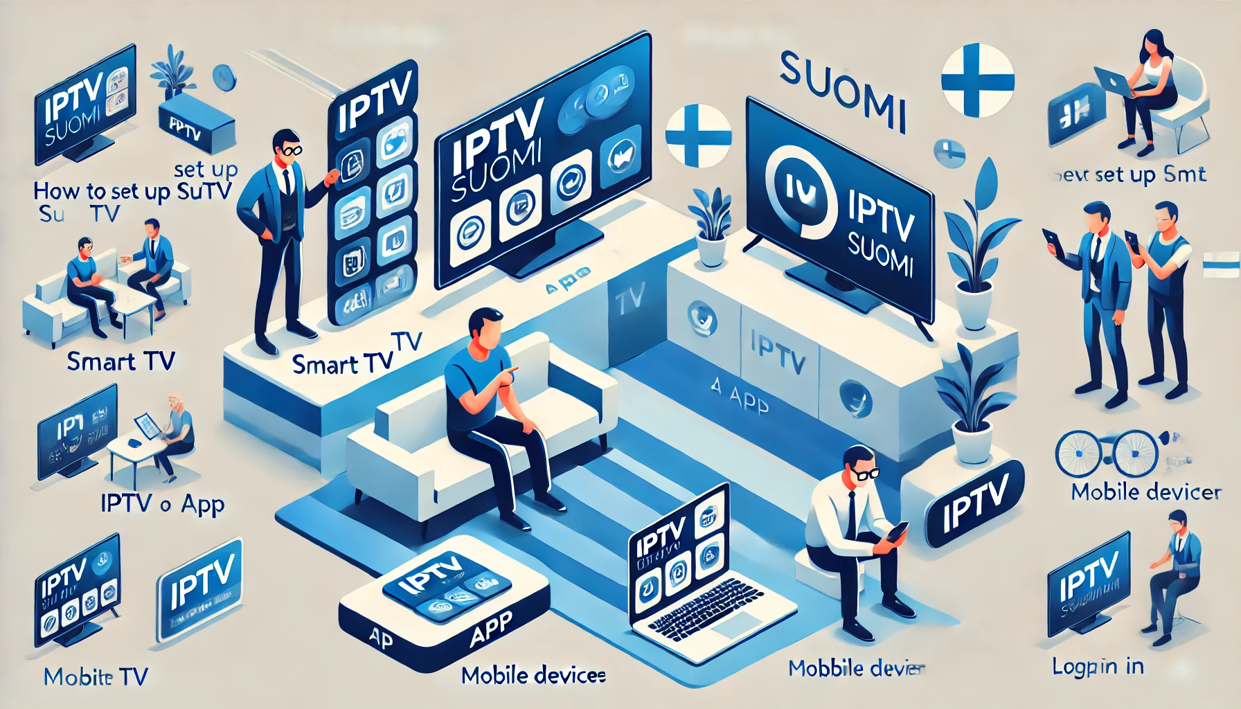 Modern infographic on how to set up IPTV Suomi on various devices
